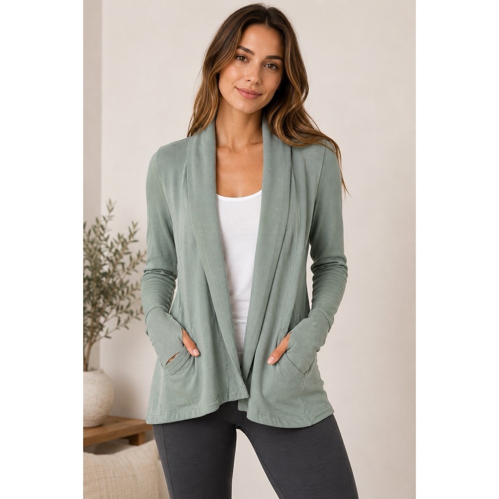 Athleta Pranayama Wrap Cardigan Womens XXS Sage Green Open Front Thumbholes Yoga